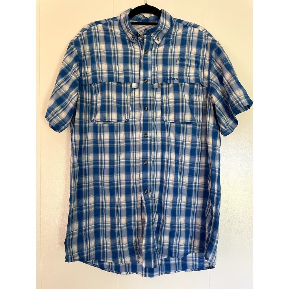 LL BEAN Summer Blue Plaid Men's Button Up Short Sleeve Shirt Size‎ Medium Tall